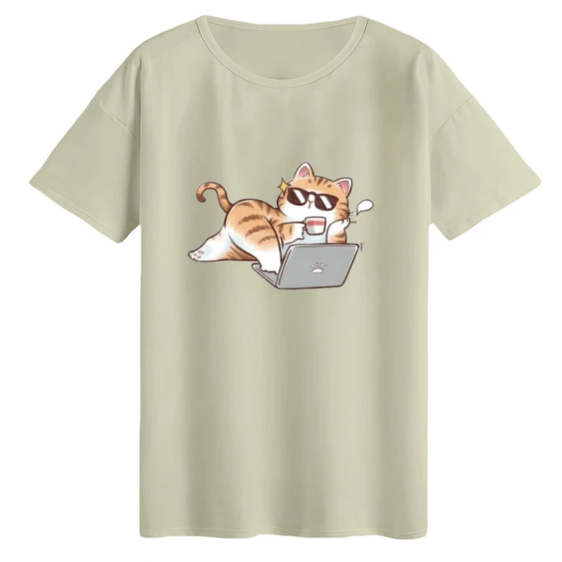 تی‌شرت لانگ آستین کوتاه زنانه مدل گربه و لپ تاپ