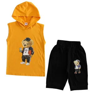 ست تاپ کلاه دار و شلوارک پسرانه مدل خرس رنگ زرد تیره