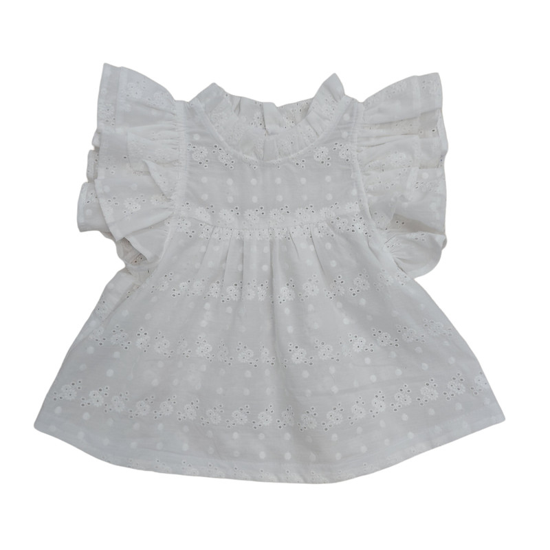 بلوز آستین کوتاه دخترانه مدل خامه دوزی چیندار رنگ سفید