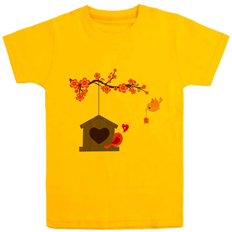 تی شرت آستین کوتاه دخترانه مدل شاخه و گنجشک D48 رنگ زرد