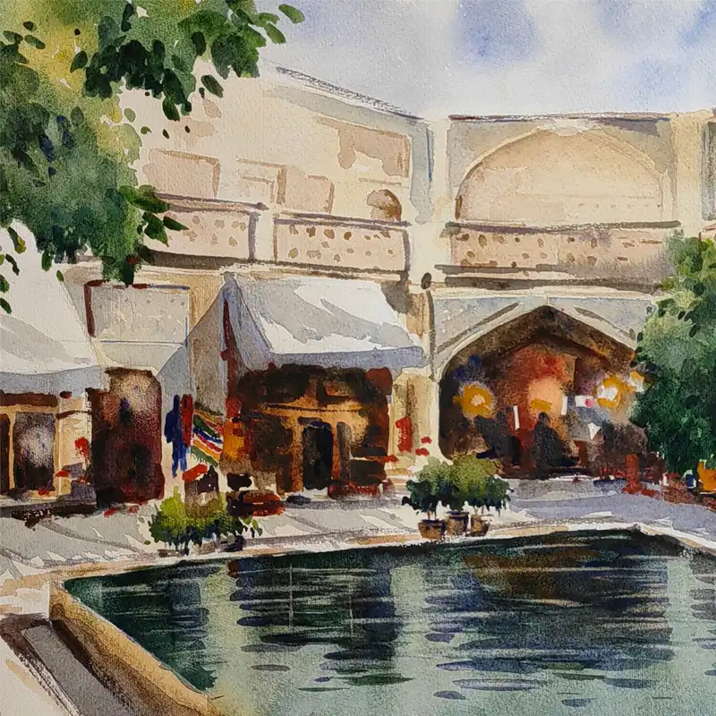 نقاشی آبرنگ طرح بازار سرای مشیر شیراز کد 1012