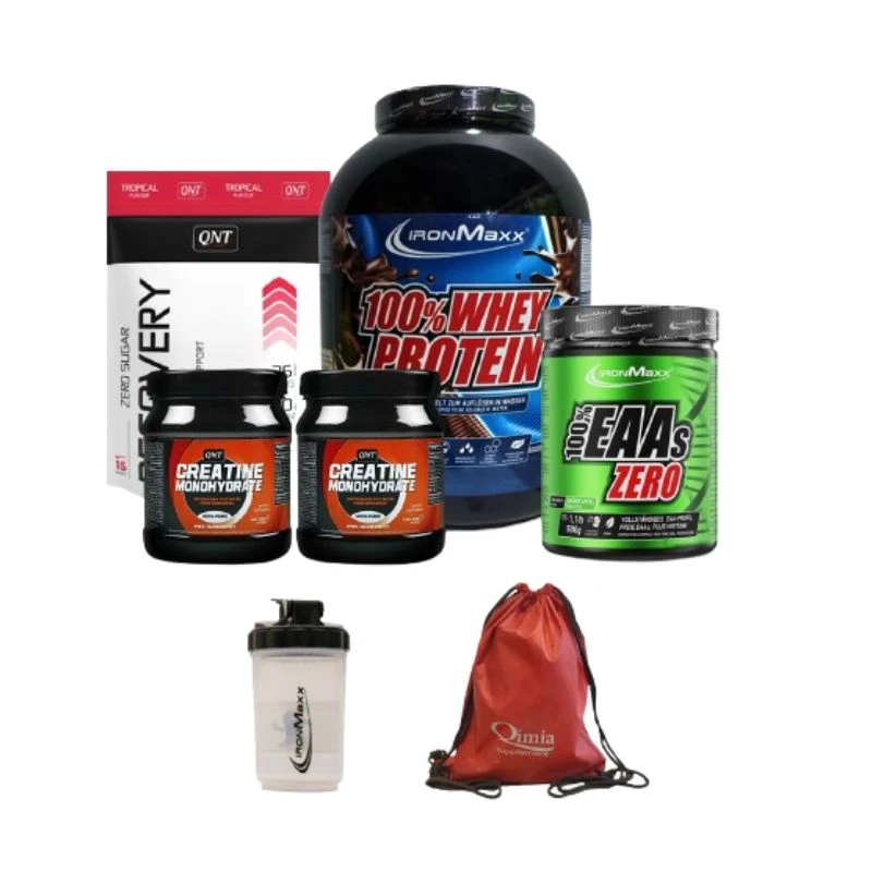 عکس شماره 2 : پودر پروتئین وی 100 آیرون مکس به همراه 2 عدد کراتین کیو ان تی-200 گرم به همراه پودر ریکاوری کیو ان تی به همراه آمینو eaa زیرو آیرون مکس به همراه شیکر و کوله