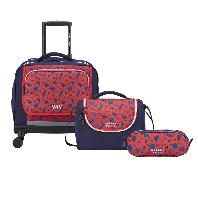 کیف دستی چرخ دار مدرسه دلسی مدل ACADEMIE Back To School 2025 به همراه جامدادی و کیف غذا 