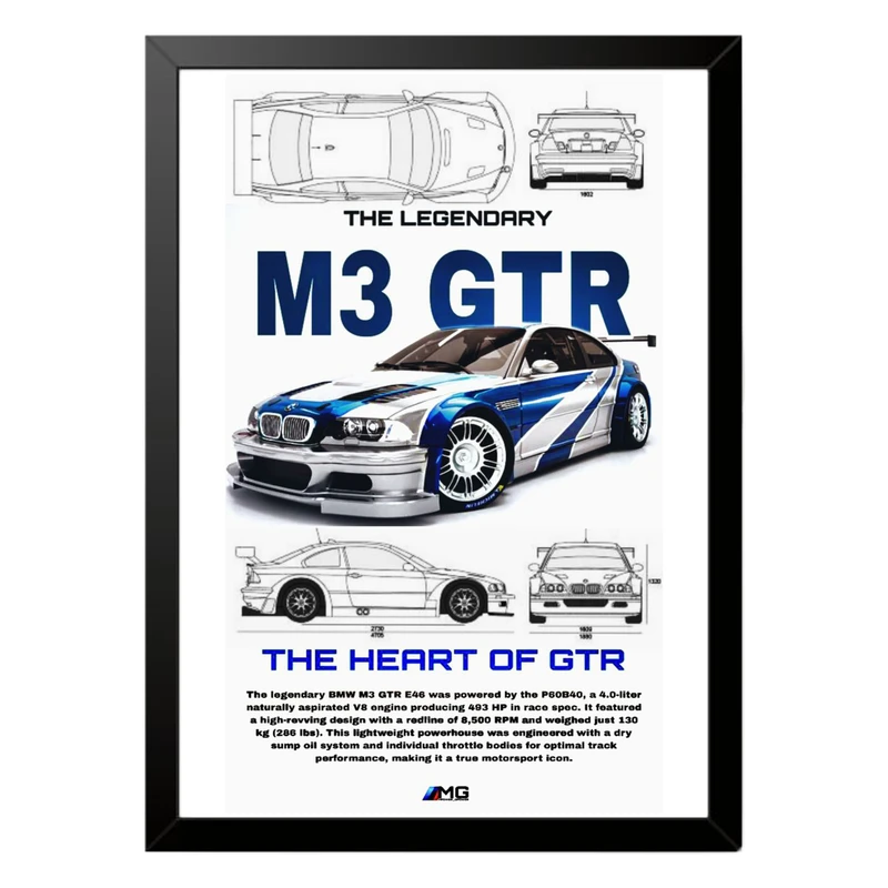 تابلو بکلیت طرح ماشین و خودرو بی ام و BMW M3 GTR مدل b-po1577 فریم مشکی