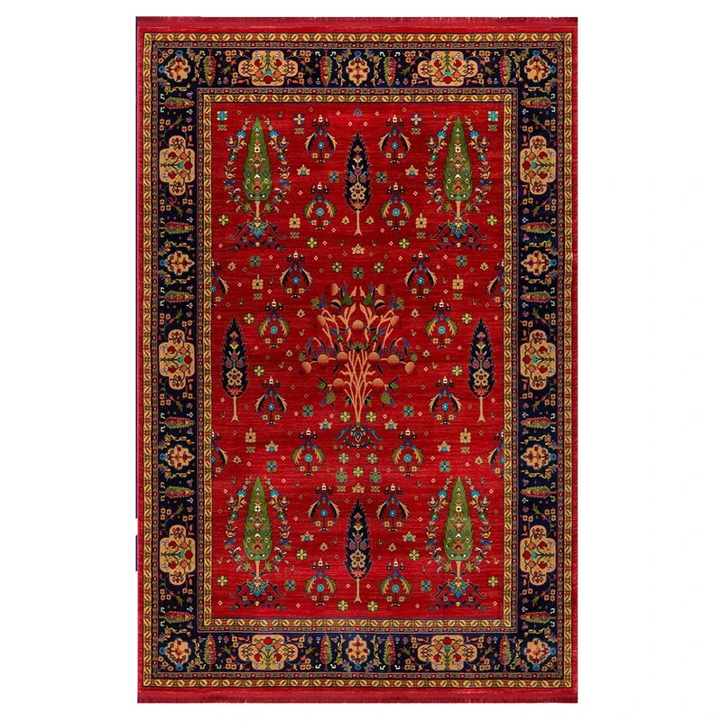 فرش ماشینی 700 شانه فرش بزرگمهر زمینه قرمز لاکی حاشیه لاکی مدل طرح درخت انار کد 71102
