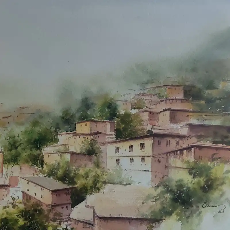 نقاشی آبرنگ طرح خانه های روستایی کد 008