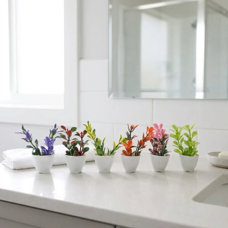 گلدان همراه گل مصنوعی بیدمجنون مینیاتوری، مجموعه 6 عددی، مناسب فضای باز و آپارتمانی، نصب رومیزی، دیواری، آویزی و ایستاده، ابعاد 5×5×8 سانتی‌متر، وزن 200 گرم