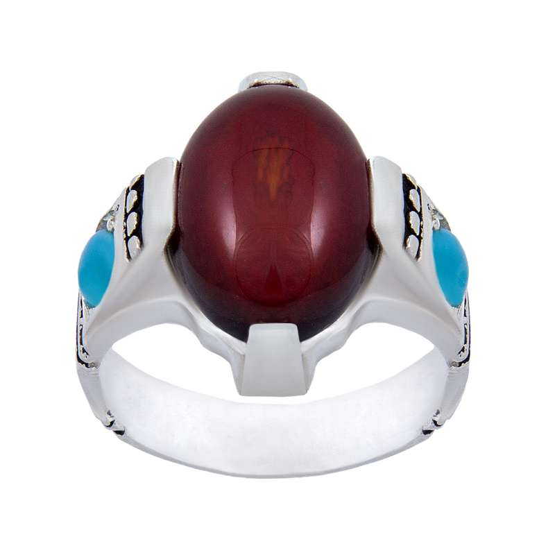 انگشتر نقره مردانه مدل عقیق مخراج فیروزه کد AM_031