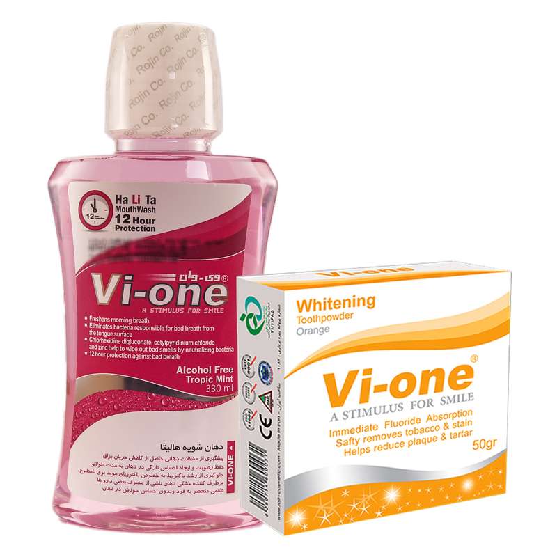 دهان شویه وی وان مدل هالیتا حجم 330 میلی لیتر به همراه پودر سفید کننده مدل orange وزن 50 گرم