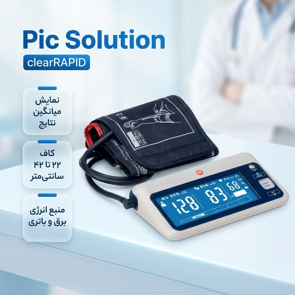 فشارسنج دیجیتال بازویی پیک سلوشن مدل clearRAPID با کاف دو شلنگه، نمایش میانگین نتایج، صفحه نمایش پس‌زمینه مشکی با اعداد سفید، مناسب بازو 22 تا 42 سانتی‌متر، منبع انرژی برق و باتری، همراه کیف و باتری نیم‌قلم
