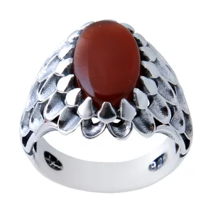انگشتر نقره مردانه بازرگانی میلادی مدل عقیق سرخ رکاب ترک وارداتی کد AM_645