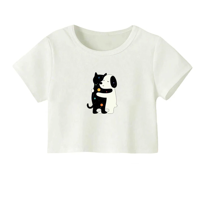 کراپ‌ تی‌شرت آستین کوتاه زنانه مدل گربه و سگ