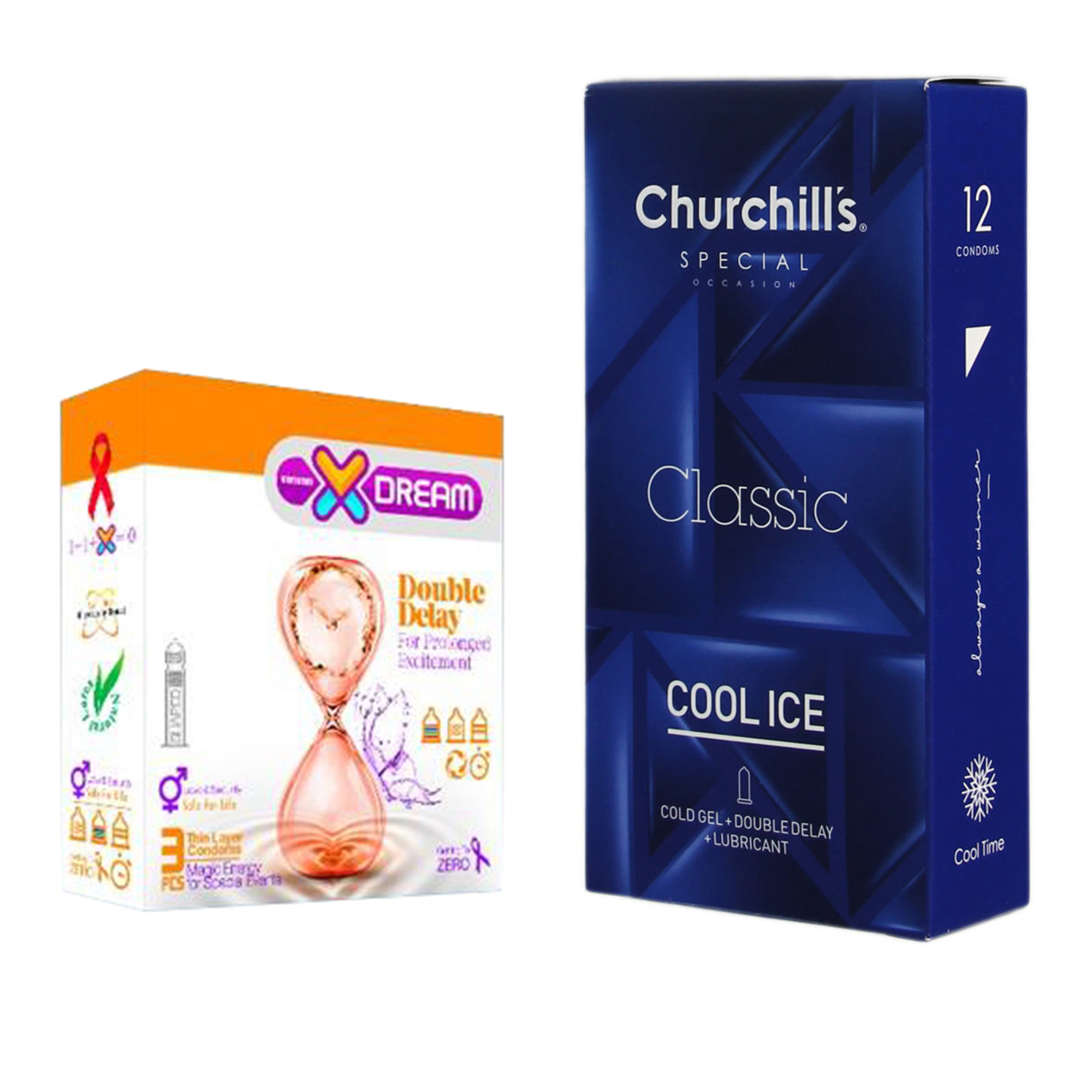 کاندوم چرچیلز مدل Cool Ice بسته 12 عددی به همراه کاندوم ایکس دریم مدل Double Delay بسته 3 عددی