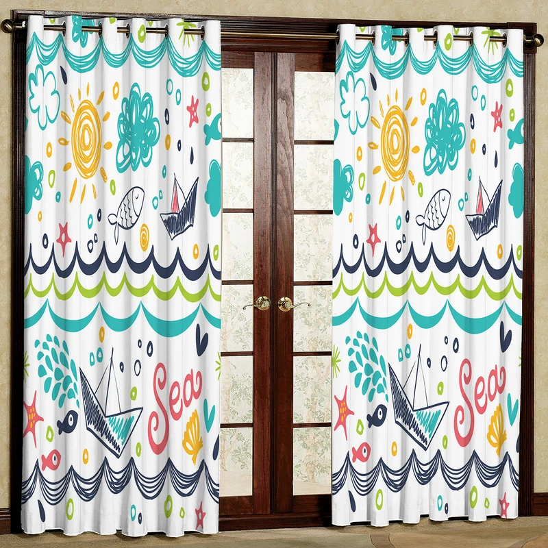 پرده مدل قایق و ماهی مخمل پانچی کد 1065 سایز 140x280 سانتی متر