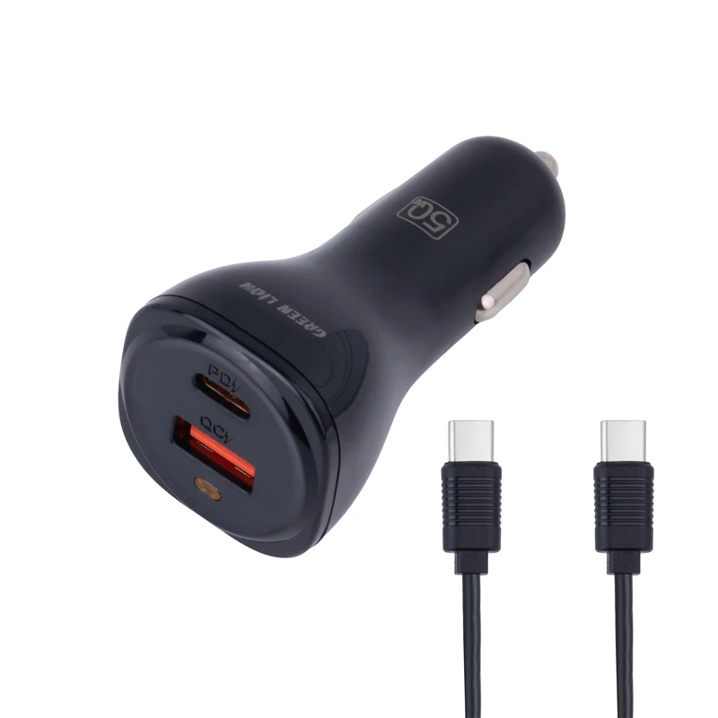 شارژر فندکی 30 وات 2 پورت گرین لاین مدل GNRCC50WBK به همراه کابل USB-C به USB-C به طول 1 متر