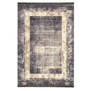 فرش ماشینی 420 شانه زمینه طوسی حاشیه کرم طرح قابدار کد 30410