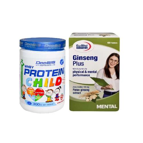 قرص جینسینگ پلاس یوروویتال بسته 60 عددی به همراه پودر پروتئین وی کودکان دوبیس - 300 گرم