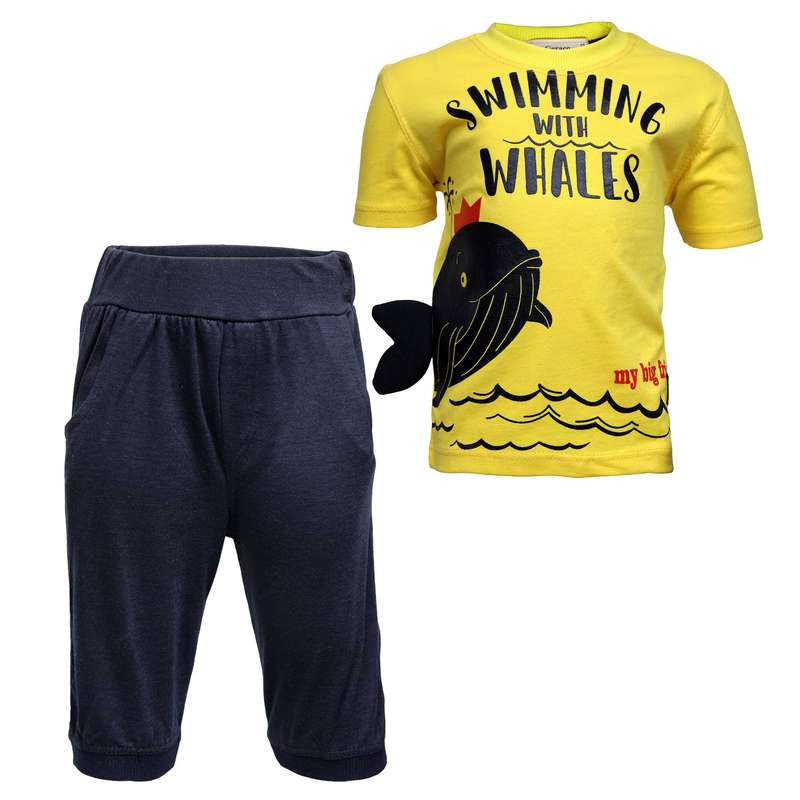 ست تی شرت و شلوارک پسرانه مدل نهنگ رنگ زرد