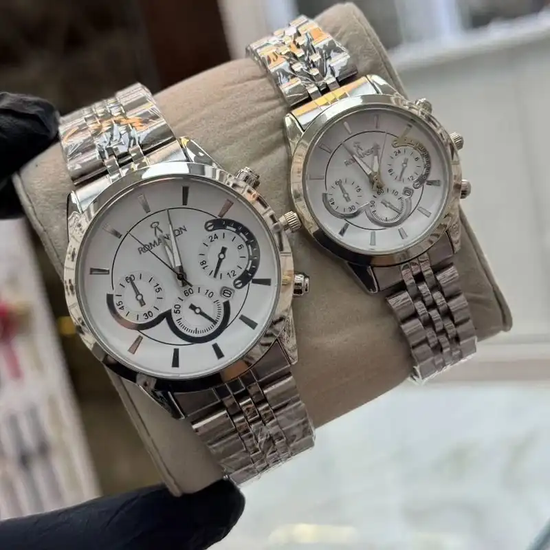 ست ساعت مچی عقربه ای زنانه و مردانه مدل تک موتوره صفحه طرحدار بند فلزی کد 3