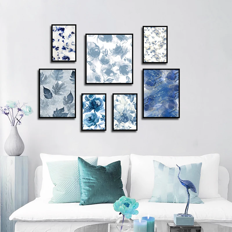 تابلو بکلیت طرح نقاشی گل و برگ آبی مدل B-3322 فریم مشکی مجموعه 7 عددی
