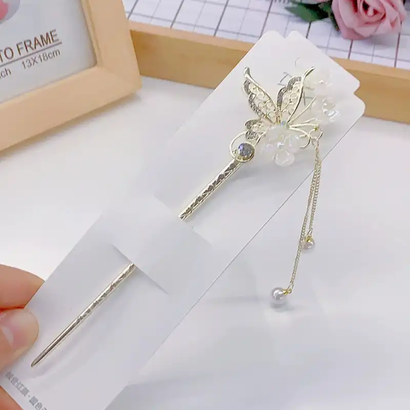 گیره مو زنانه مدل کانزاشی طرح گل و پروانه آویزدار