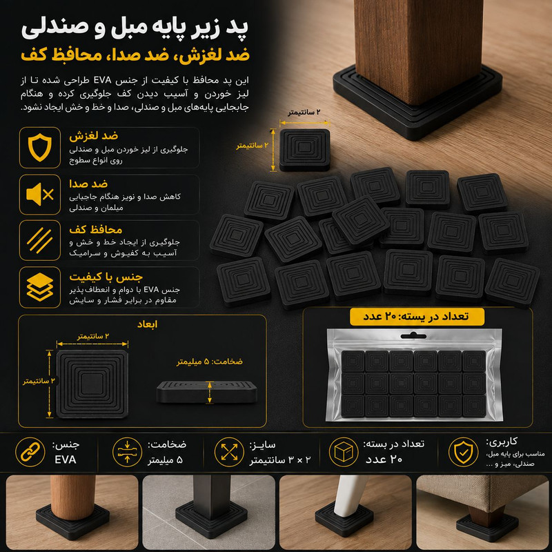 پد صدا گیر وضد لغزش پایه مبلمان و صندلی کد p4 مجموعه ۲۰ عددی