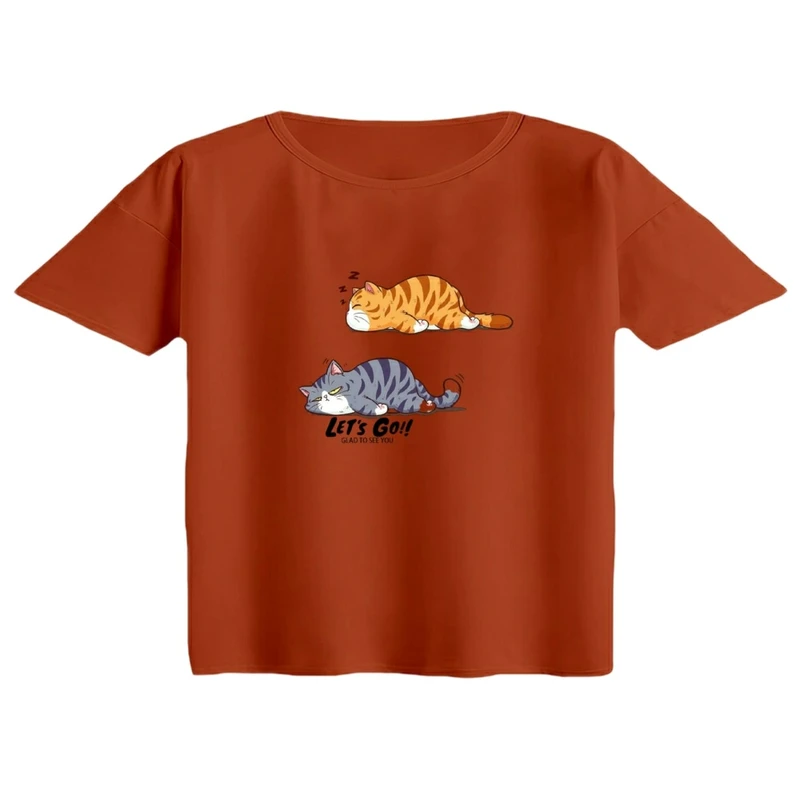 کراپ تی‌شرت آستین کوتاه زنانه مدل گربه خسته