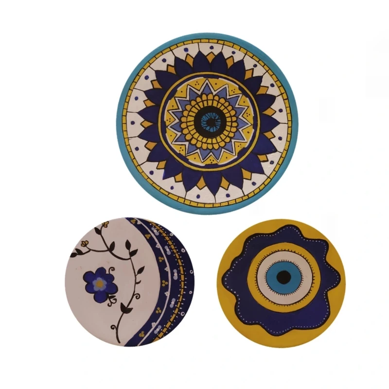 بشقاب دیوارکوب سفالی طرح چشم نظر مجموعه ۳ عددی 