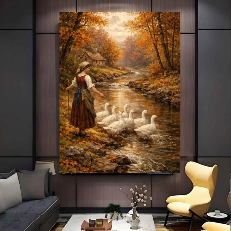 پوستر پارچه ای طرح مخمل  نقاشی قدیمی مدل غاز و رودخانه کد FP106936
