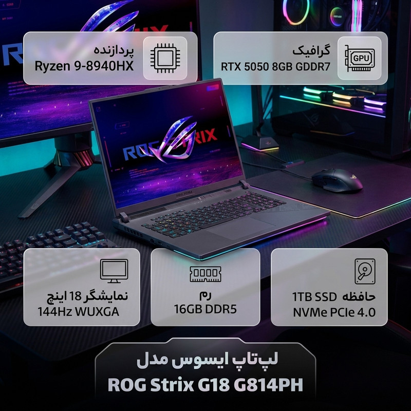 لپ تاپ 18 اینچی ایسوس مدل ROG Strix G18 G814PH-Ryzen 9 8940HX-RTX5050 8GB-40GB DDR5 5600MHz-1TB SSD-WUXGA 144Hz-W - کاستوم شده
