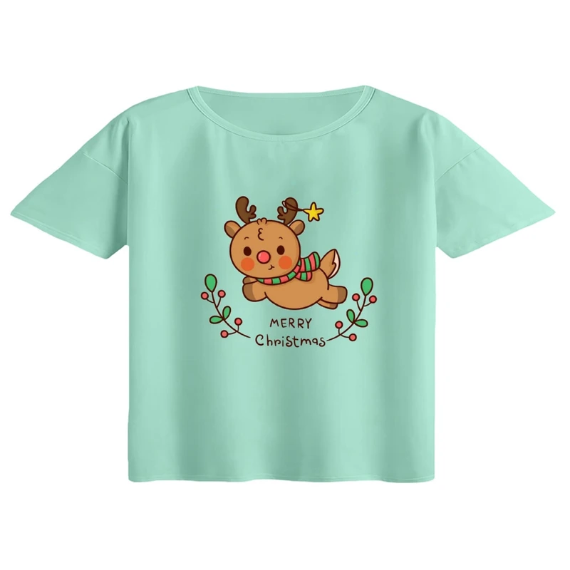 کراپ تی‌شرت آستین کوتاه زنانه مدل گوزن کریسمس کد 10
