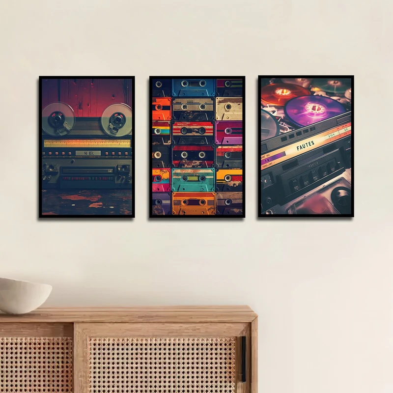 تابلو بکلیت طرح مدرن ضبط و نوار کاست مدل B-1751 مجموعه 3 عددی