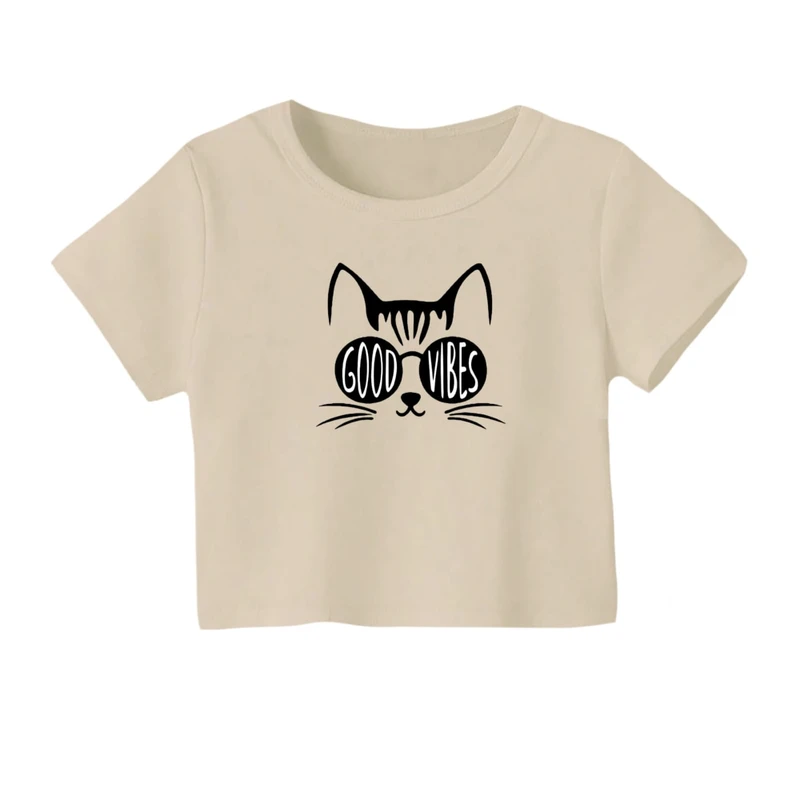 کراپ‌ تی‌شرت آستین کوتاه زنانه مدل گربه فشن کد 02