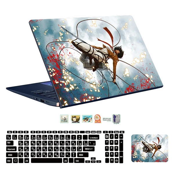 استیکر لپ تاپ توییجین و موییجین طرح Attack of titan کد 03 مناسب برای لپ تاپ 15.6 اینچ به همراه برچسب حروف فارسی کیبورد