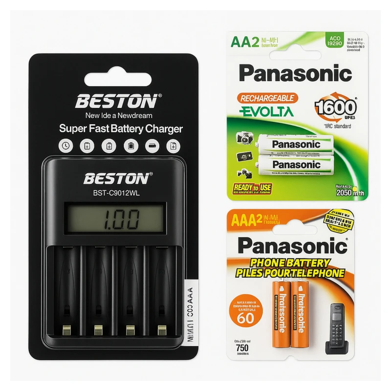 شارژر باتری بستون مدل BST-C9012 به همراه باتری قلمی و نیم قلمی قابل شارژ بسته ۴ عددی