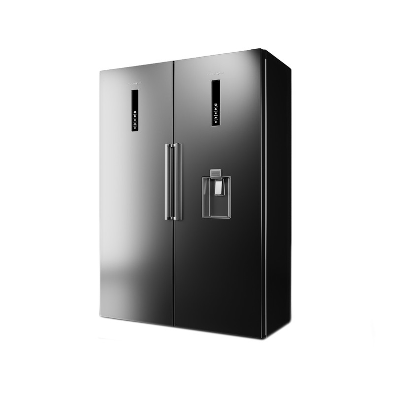 یخچال فریزر دوقلو پاکشوما مدل RTRA-RTFA901 iX (N1) سری Twin Peaks، دارای نمایشگر و بدون برفک، با ارتفاع 187، پهنای 118 و عمق 73 سانتی‌متر، میزان مصرف انرژی A+، دارای 5 طبقه در یخچال و 4 کشو در فریزر