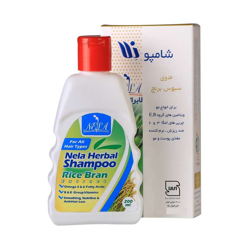 شامپو تقویت کننده و نرم کننده مو لابراتوار نلا مدل سبوس برنج حجم 200 میلی لیتر