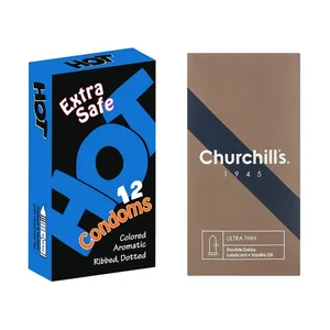 کاندوم چرچیلز مدل Ultra Thin Double Delay بسته 12 عددی به همراه کاندوم هات مدل Extra Safe بسته 12 عددی