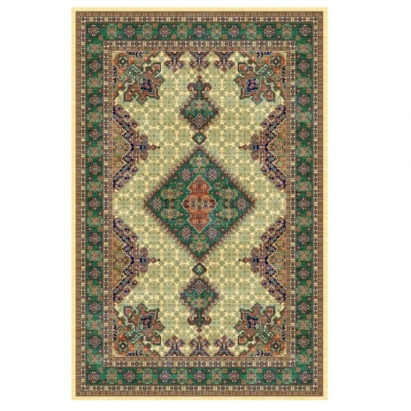 فرش ماشینی 1200 شانه زمینه کرم حاشیه سبز مدل فرشینه 