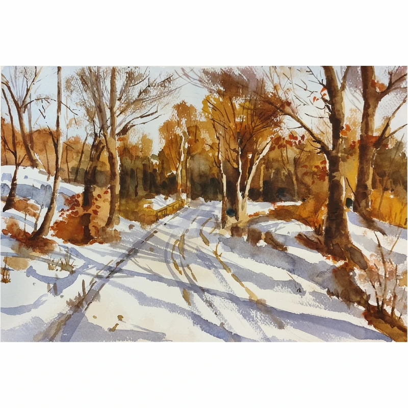 نقاشی آبرنگ به سبک رئالیسم طرح  طبیعت برفی کد 1077