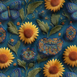 پارچه ملحفه عرض 1.5 متر پارچه باما طرح پنج بعدی پروانه و آفتابگردون کد 5014543 رنگ آبی تیره