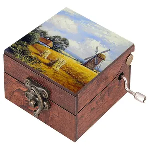 جعبه موزیکال مدل هندلی طرح طرح نقاشی آسیاب بادی و مزرعه و کلبه کد 1050
