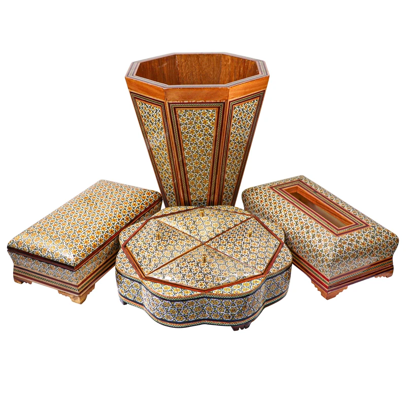 ست 4 تکه سطل و جعبه دستمال کاغذی و جعبه کارد و چنگال و شکلات خوری خاتم کاری کد 21wire4d