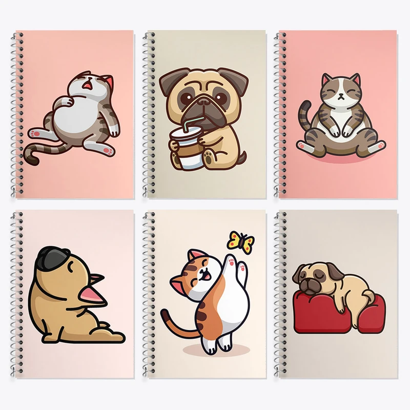 دفتر زبان 50 برگ خندالو مدل دو خط طرح سگ و گربه کد 443 مجموعه 6 عددی