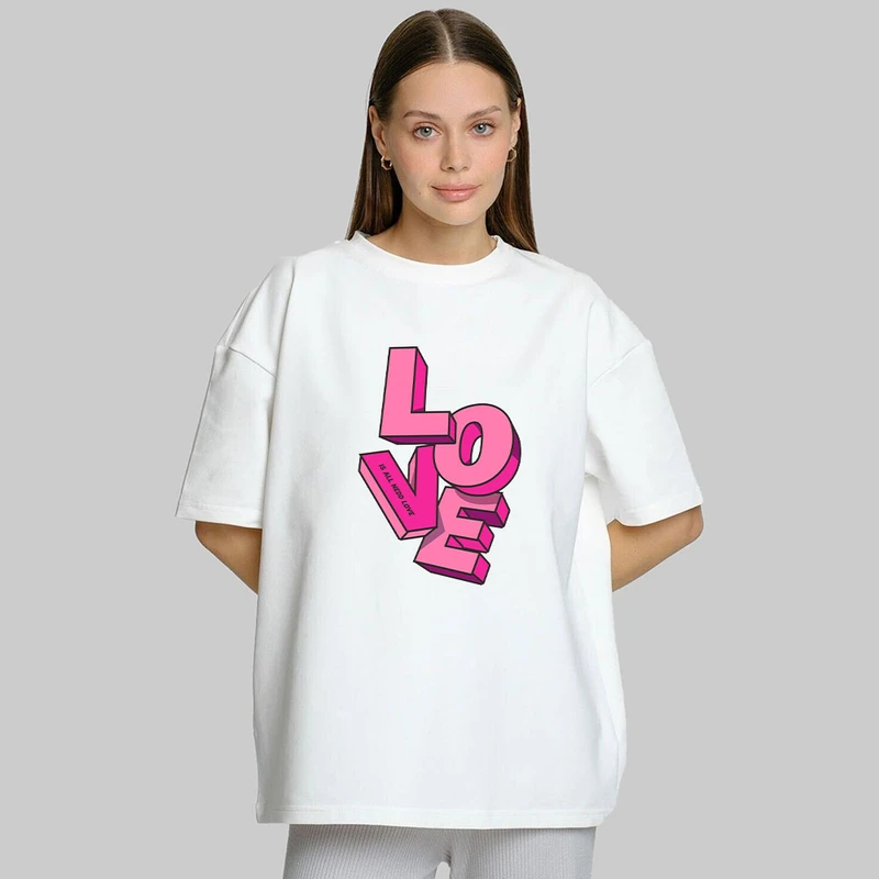 تی شرت باکسی زنانه نخ آستین سه ربع طرح لاو