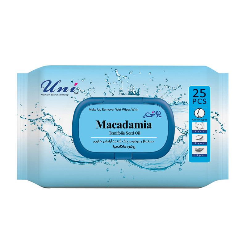 دستمال مرطوب یونی لد مدل پاک کننده آرایش روغن ماکادمیا بسته 25 عددی