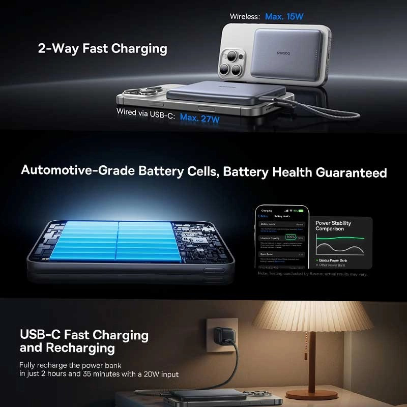 پاوربانک 27 وات بیسوس مدل PicoGo Ultra-Slim Qi2 ظرفیت 10000 میلی‌آمپرساعت