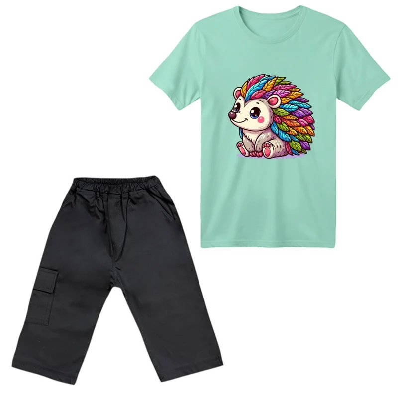 ست تی‌شرت آستین کوتاه و شلوارک پسرانه مدل خارپشت رنگی کد 01