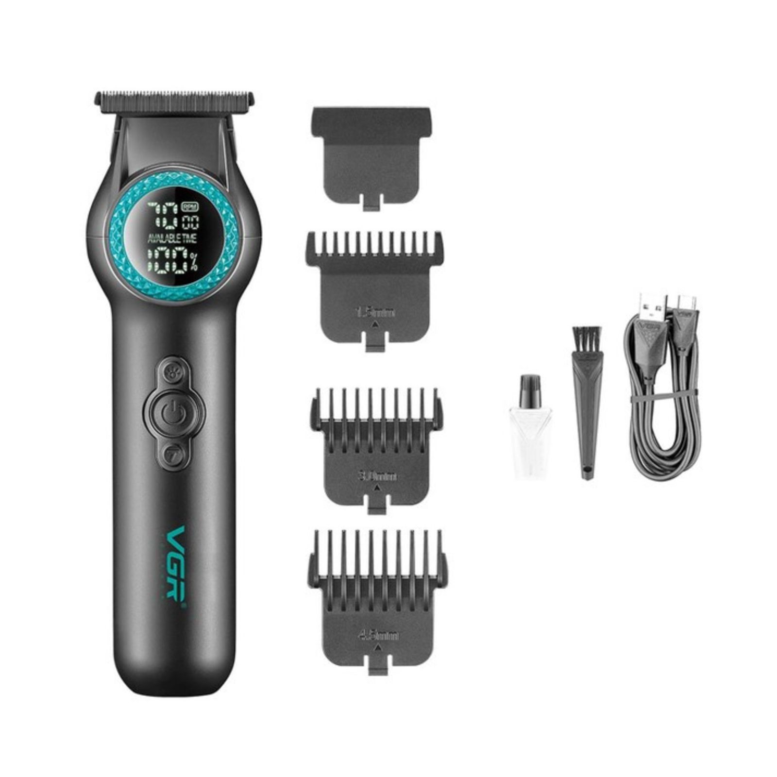 ماشین اصلاح موی سر و صورت وی جی ار مدل V-990، منبع انرژی باتری، تکنولوژی اصلاح به صورت تریمر، مدت زمان شارژ 150 دقیقه و مدت زمان استفاده پس از شارژ 200 دقیقه، به همراه کابل شارژ USB، برس تمیزکننده، روغن، 3 عدد شانه، با عملکرد توربو، نمایش وضعیت باتری -  - 6