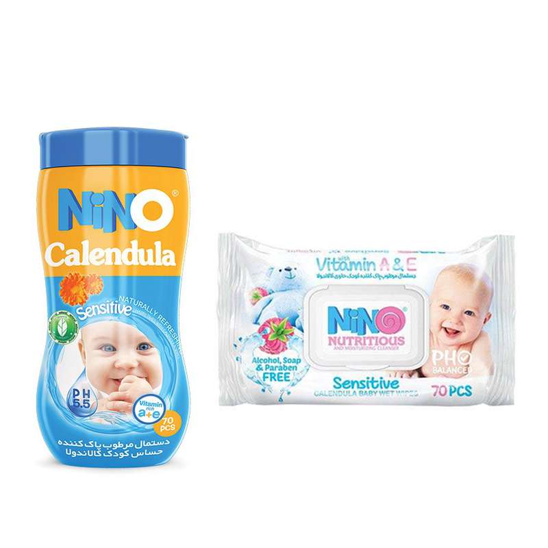دستمال مرطوب کودک نینو مدل Sensitive بسته 70 عددی به همراه دستمال مرطوب کودک نینو مدل Calendula بسته 70 عددی